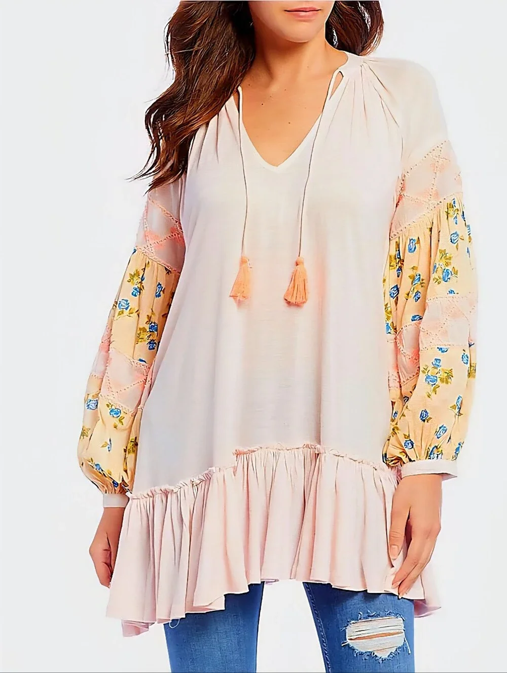FREE PEOPLE Boho Pink Floral Sleeve Mini Dress